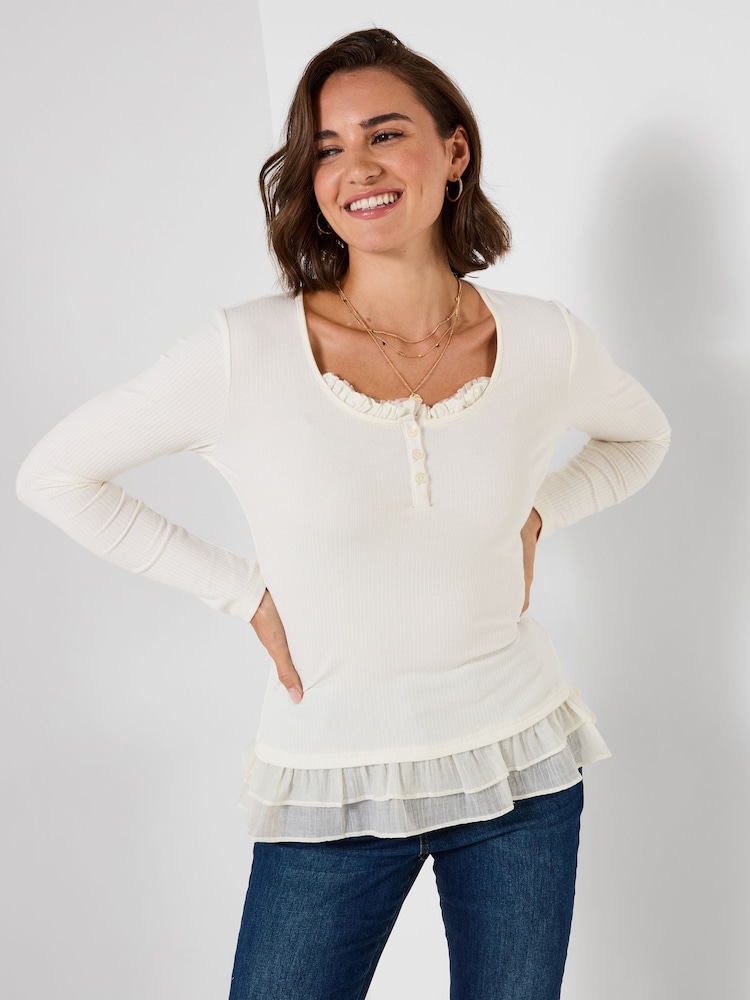 Joe Browns Cream Esme Ribbed Jersey Top Henley With Frill Detail - Image 2 of 6 Joe Browns Cream Esme Ribbed Jersey Top Henley With Frill Detail - Image 2 of 6