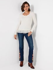 Joe Browns Cream Esme Ribbed Jersey Top Henley With Frill Detail - Image 4 of 6
