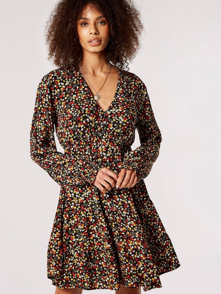 Apricot Black Ditsy Tiered Button Detail Dress - Image 1 of 4