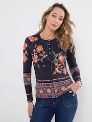 Zils - Joe Browns Alises apdrukāts rievots Henley tops - Attēls 1 no 5