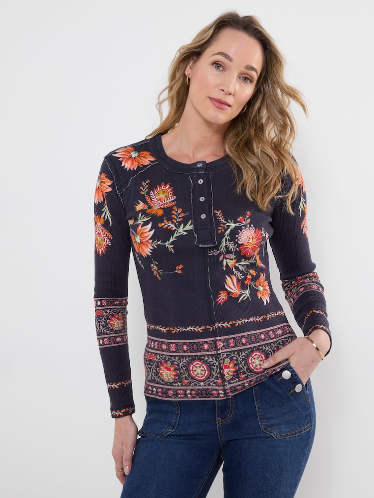 Zils - Joe Browns Alises apdrukāts rievots Henley tops - Attēls 1 no 5
