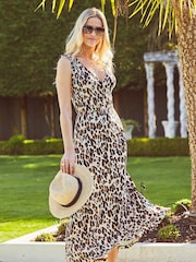 Sosandar Brown Ruched Tie Shoulder Printed Dress - Image 1 of 5