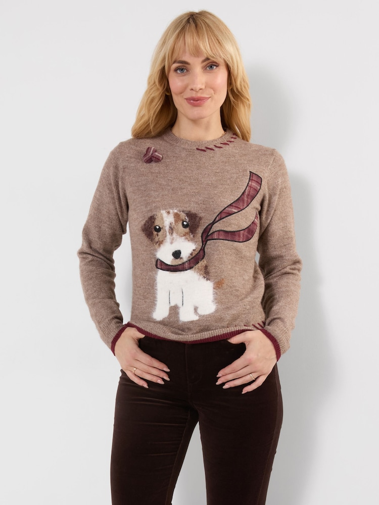 Joe Browns Brown Cooper Embroidered Fluffy Dog Jumper - Image 1 of 6