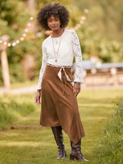 Joe Browns Brown Faux Suede Midi Skirt With Braided Belt - Image 1 of 7