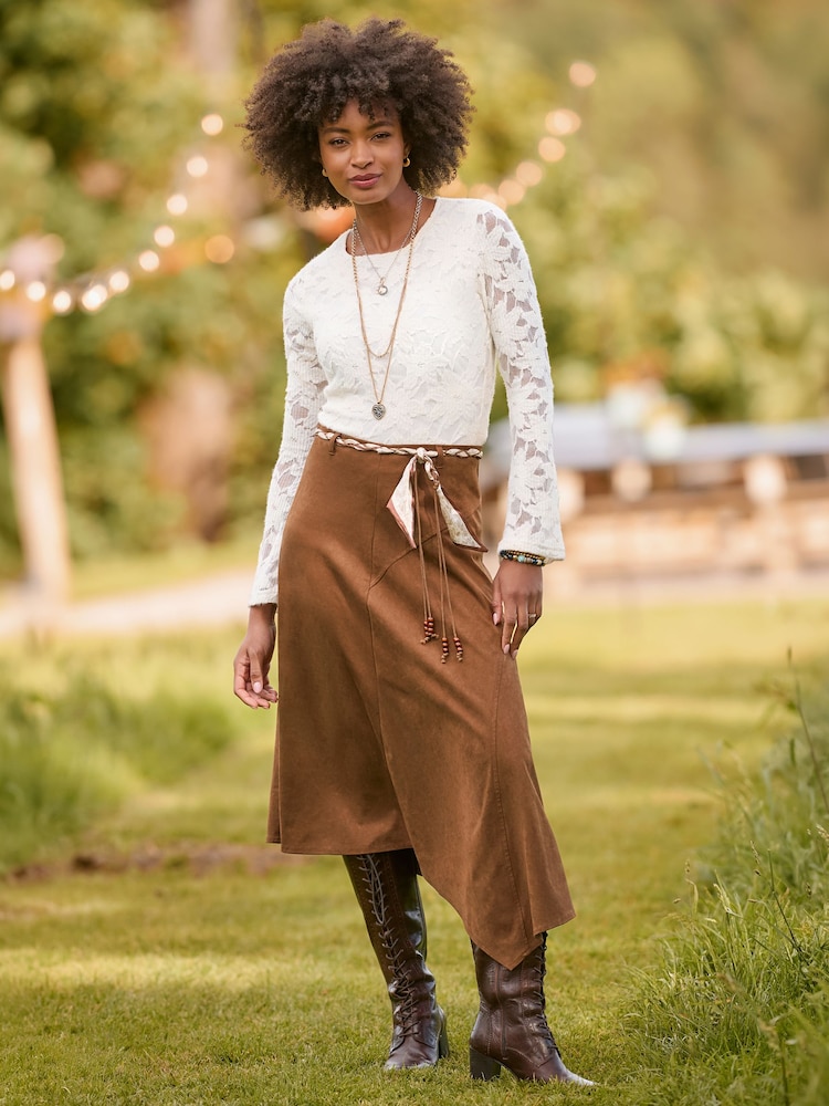 Joe Browns Brown Faux Suede Midi Skirt With Braided Belt - Image 1 of 7 Joe Browns Brown Faux Suede Midi Skirt With Braided Belt - Image 1 of 7