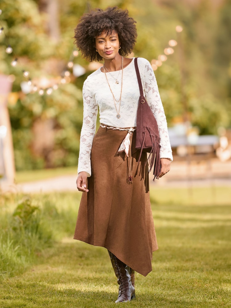 Joe Browns Brown Faux Suede Midi Skirt With Braided Belt - Image 2 of 7 Joe Browns Brown Faux Suede Midi Skirt With Braided Belt - Image 2 of 7