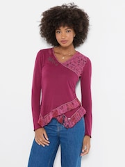 Rozā - Joe Browns Chloe V-Neck Jersey Top With Floral Printed Trim - Attēls 1 no 5