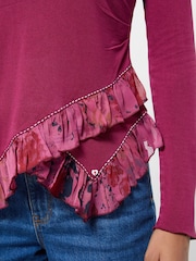 Rozā - Joe Browns Chloe V-Neck Jersey Top With Floral Printed Trim - Attēls 2 no 5