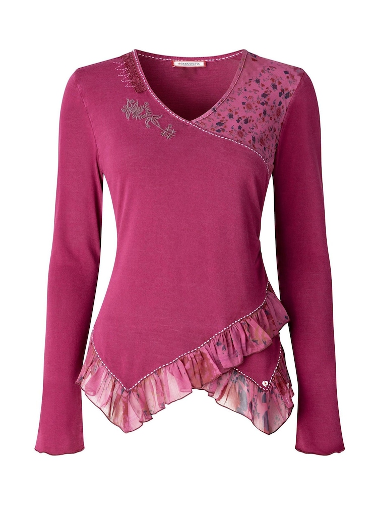 Rozā - Joe Browns Chloe V-Neck Jersey Top With Floral Printed Trim - Attēls 5 no 5