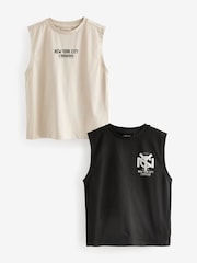 Black/Ecru 100% Cotton Graphic Tank Vest Tops 2 Pack (3-16yrs) - Image 1 of 6