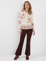 Cream - Joe Browns Alises apdrukāts rievots Henley tops - Attēls 3 no 6