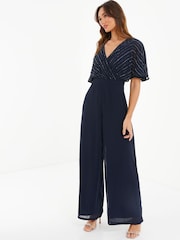 Quiz Blue Sequin Angel Sleeve Chiffon Jumpsuit - Image 3 of 3
