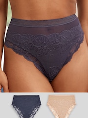 Navy / Praline Nude High Rise High Leg Lace Knickers 2 Pack - Image 1 of 1