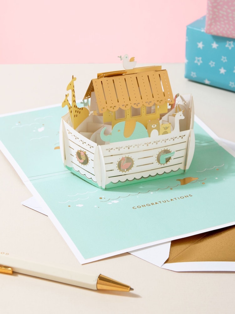 Hallmark White New Baby Card 3D Pop-up Noah's Ark Design - Image 1 of 4