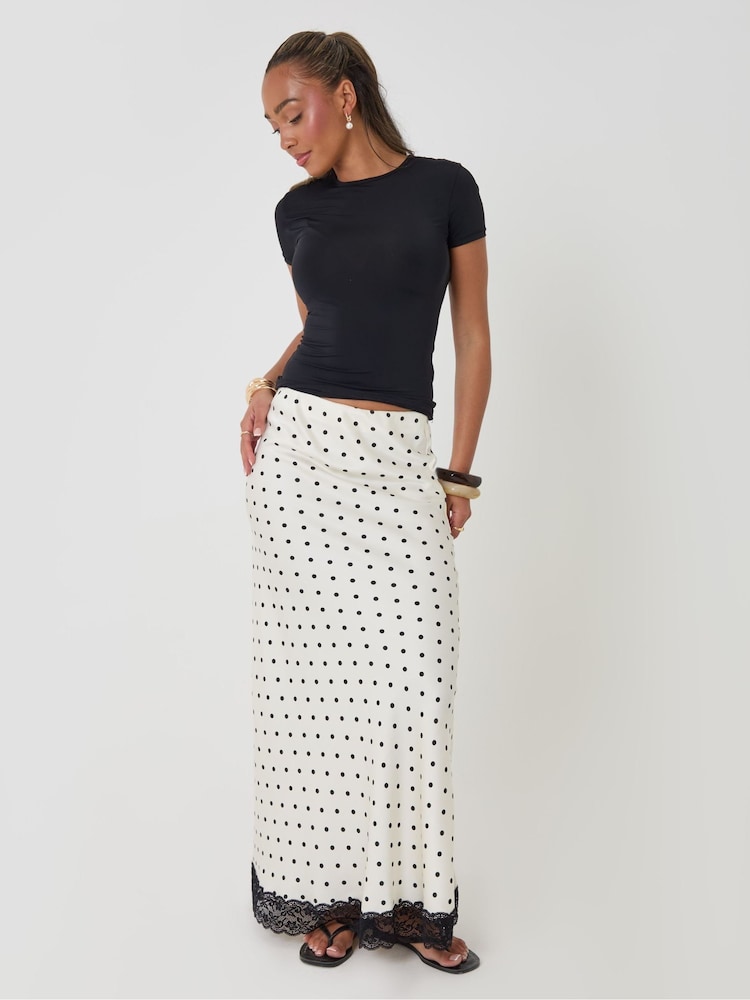 Threadbare White Petite Polka Dot Satin Lace Trim Maxi Skirt - Image 1 of 4 Threadbare White Petite Polka Dot Satin Lace Trim Maxi Skirt - Image 1 of 4