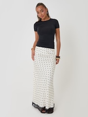 Threadbare White Petite Polka Dot Satin Lace Trim Maxi Skirt - Image 2 of 4