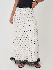 Threadbare White Petite Polka Dot Satin Lace Trim Maxi Skirt - Image 3 of 4