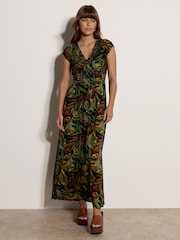 Apricot Black Tropical Leaf Smocked Maxi Dress - Image 1 of 4