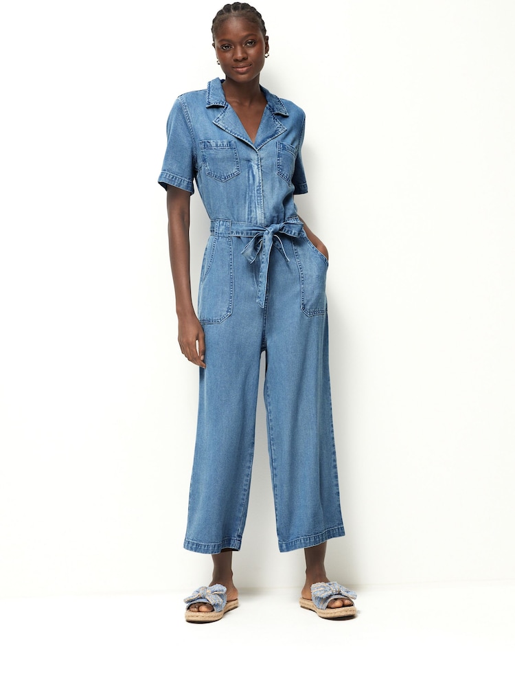 Mid Blue TENCEL™ Wide Leg Jumpsuit - Image 1 of 7