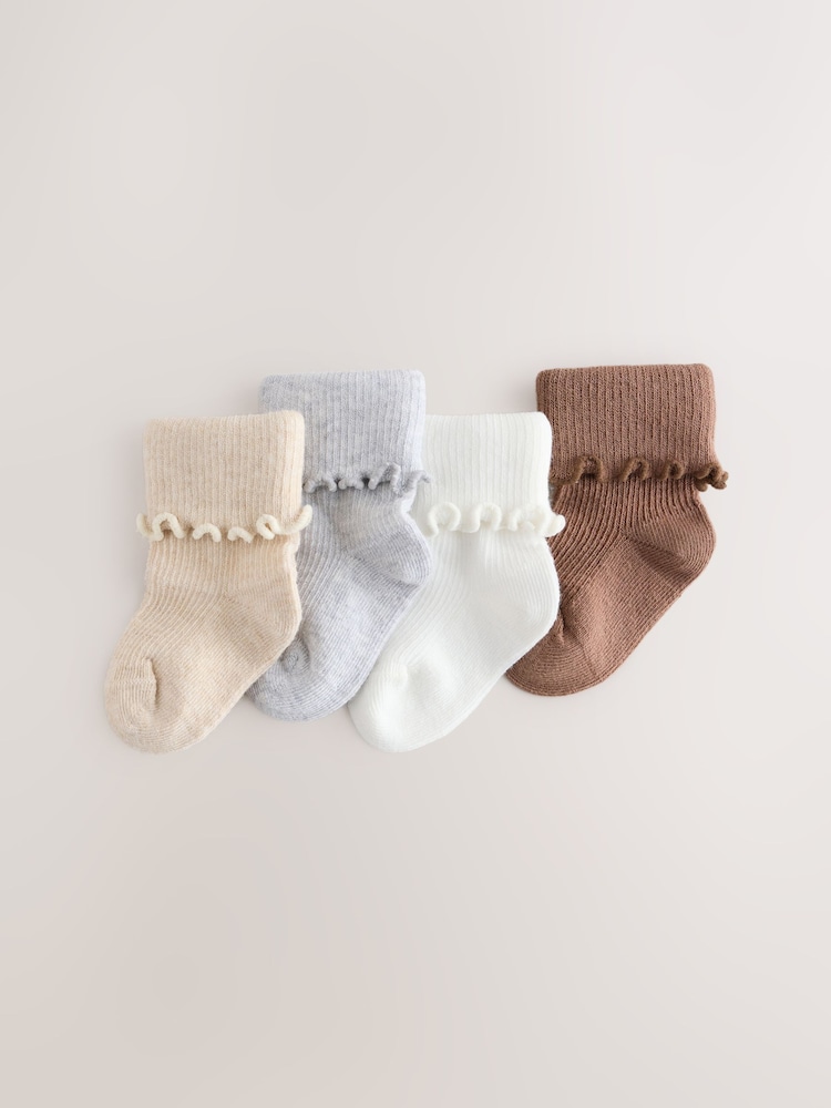 Neutral Turn Over Frill Baby Socks 4 Pack - Image 1 of 3