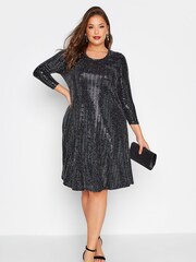 Yours Curve Black London Metallic Party Swing Dress - Image 1 of 4