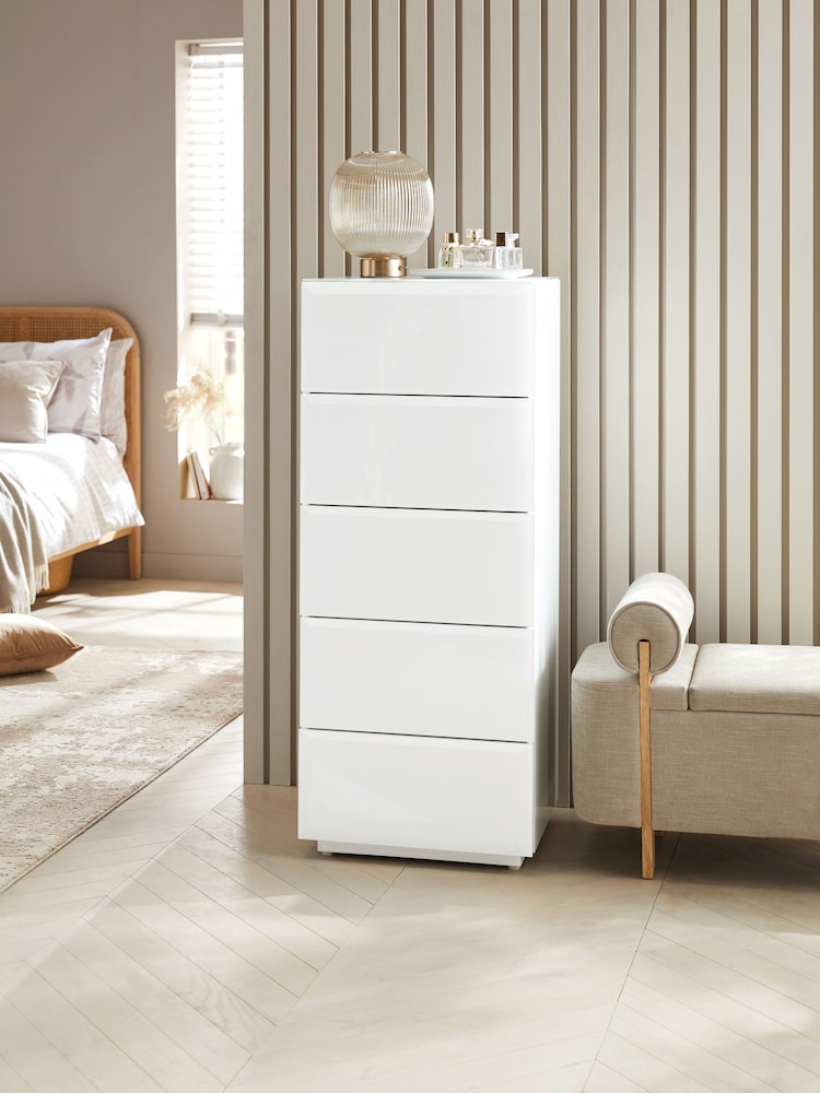 White Sloane Glass 5 Drawer Tall Collection Luxe Chest of Drawers - Image 1 of 4