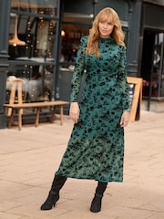 Joe Browns Green Petite Hazel Twist Front Flocked Maxi Dress - Image 2 of 9