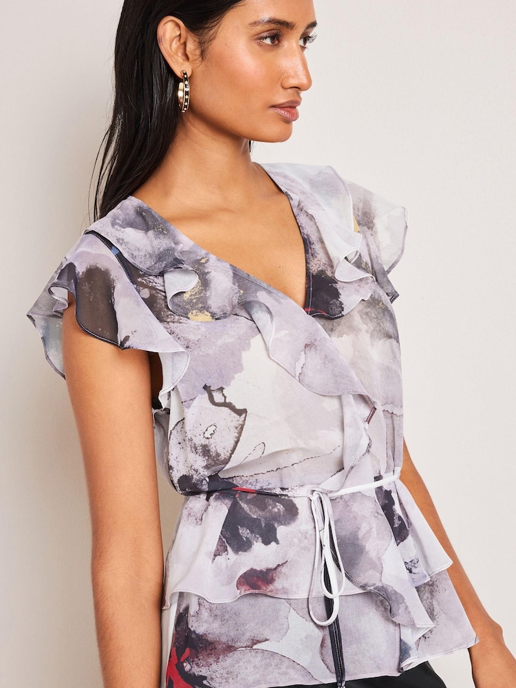 Grey/Black Abstract Print Short Sleeve Ruffle Tie Waist Blouse - Image 1 of 6