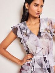 Grey/Black Abstract Print Short Sleeve Ruffle Tie Waist Blouse - Image 4 of 6