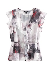 Grey/Black Abstract Print Short Sleeve Ruffle Tie Waist Blouse - Image 5 of 6