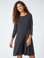 Roman Black Ditsy Print Square Neck Stretch Dress - Image 1 of 5