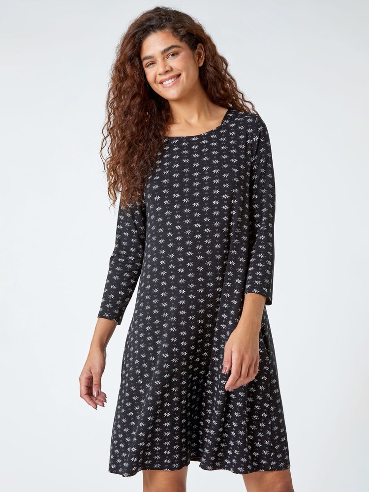 Roman Black Ditsy Print Square Neck Stretch Dress - Image 1 of 5