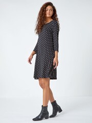 Roman Black Ditsy Print Square Neck Stretch Dress - Image 2 of 5