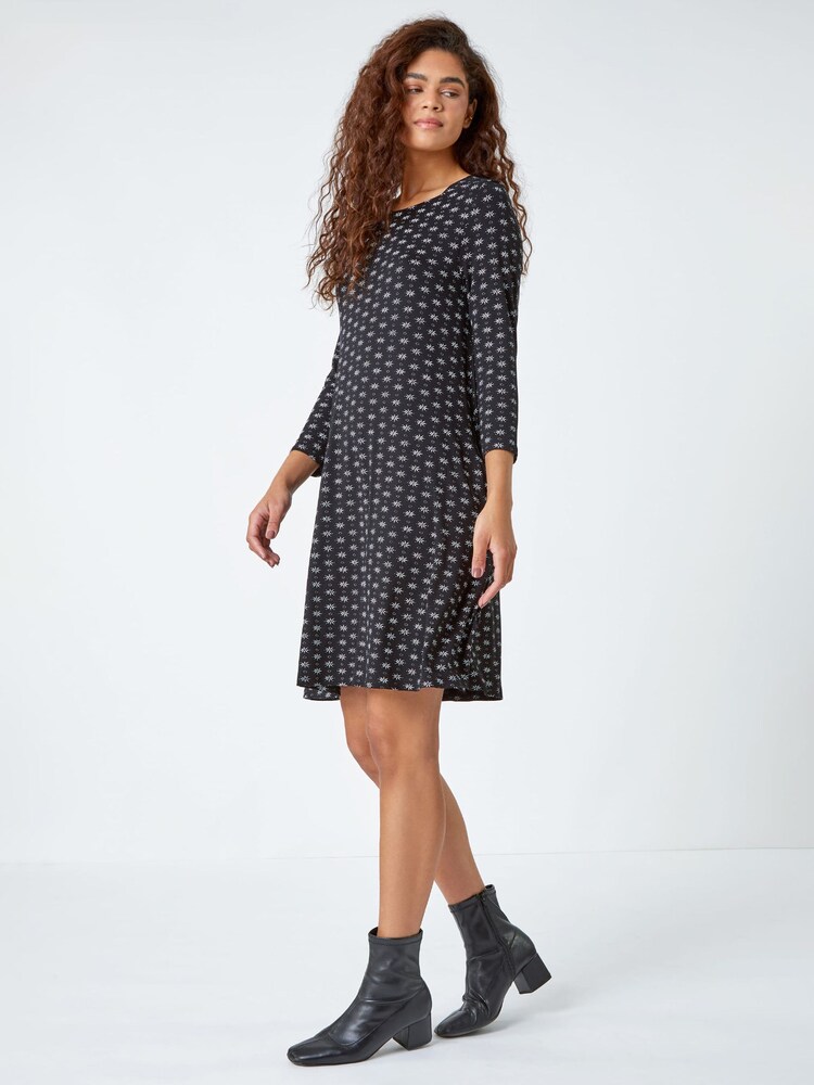 Roman Black Ditsy Print Square Neck Stretch Dress - Image 2 of 5