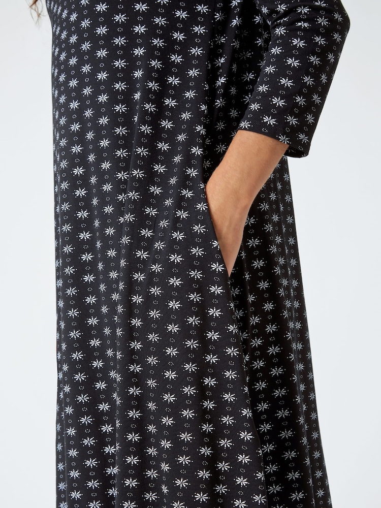 Roman Black Ditsy Print Square Neck Stretch Dress - Image 5 of 5