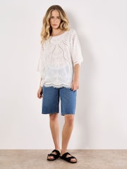 Apricot White Cotton Blend Crochet Embroidered Top - Image 1 of 4