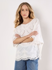 Apricot White Cotton Blend Crochet Embroidered Top - Image 2 of 4