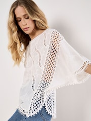Apricot White Cotton Blend Crochet Embroidered Top - Image 3 of 4