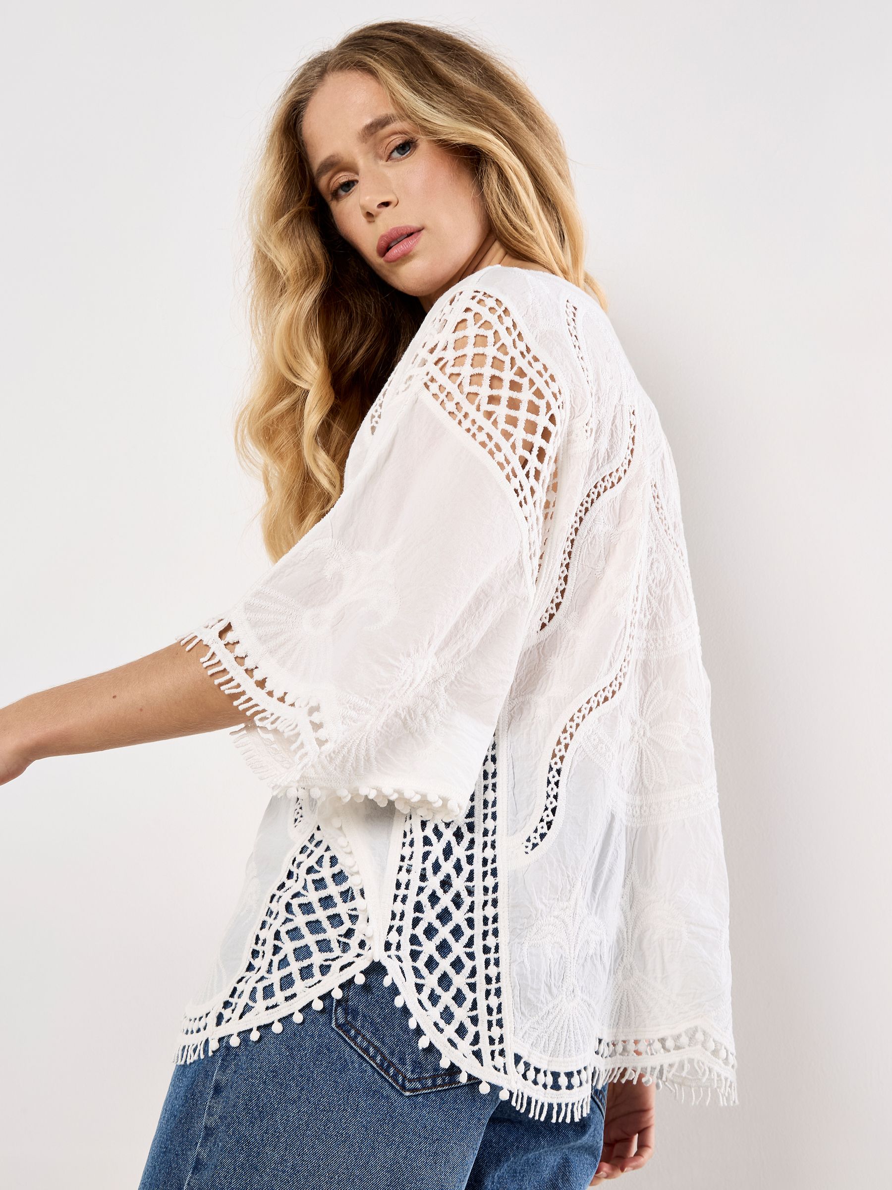 Buy Apricot White Cotton Blend Crochet Embroidered Top from the