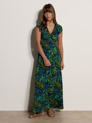 Apricot Blue Tropical Leaf Smocked Maxi Dress - Image 2 of 4