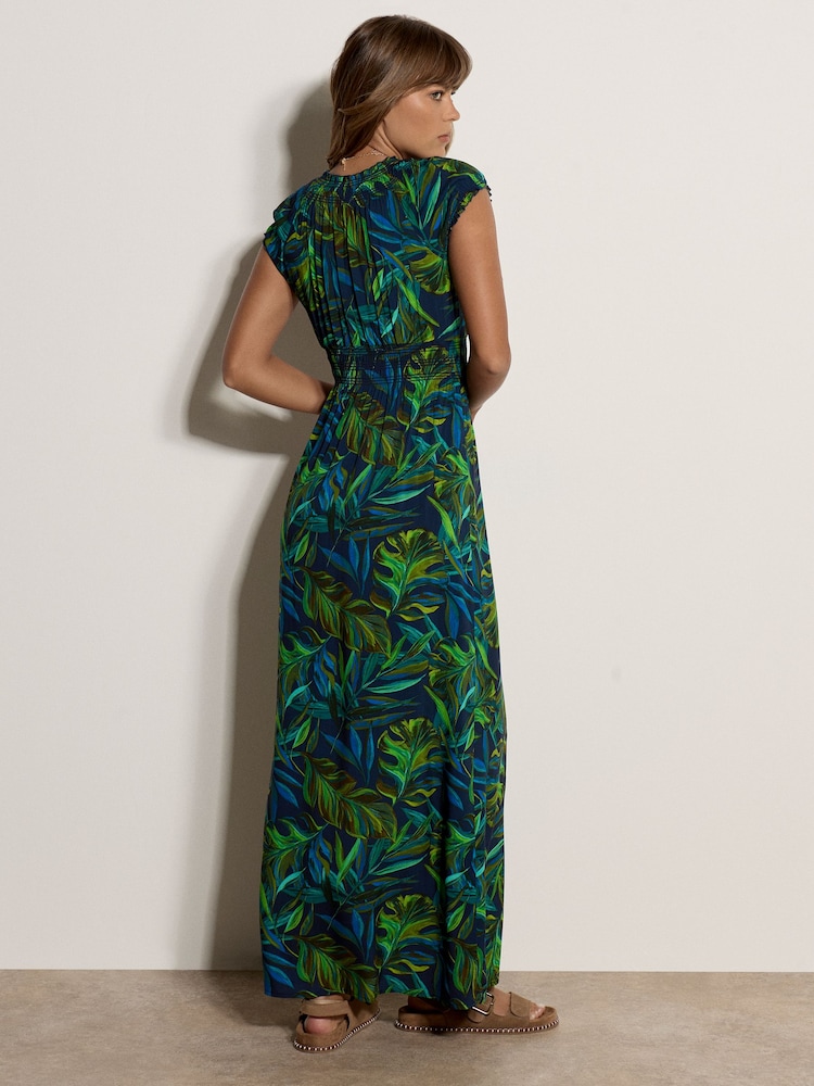 Apricot Blue Tropical Leaf Smocked Maxi Dress - Image 4 of 4