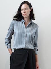French Connection Light Blue Maggie Satin Stripe Shirt - Image 1 of 6