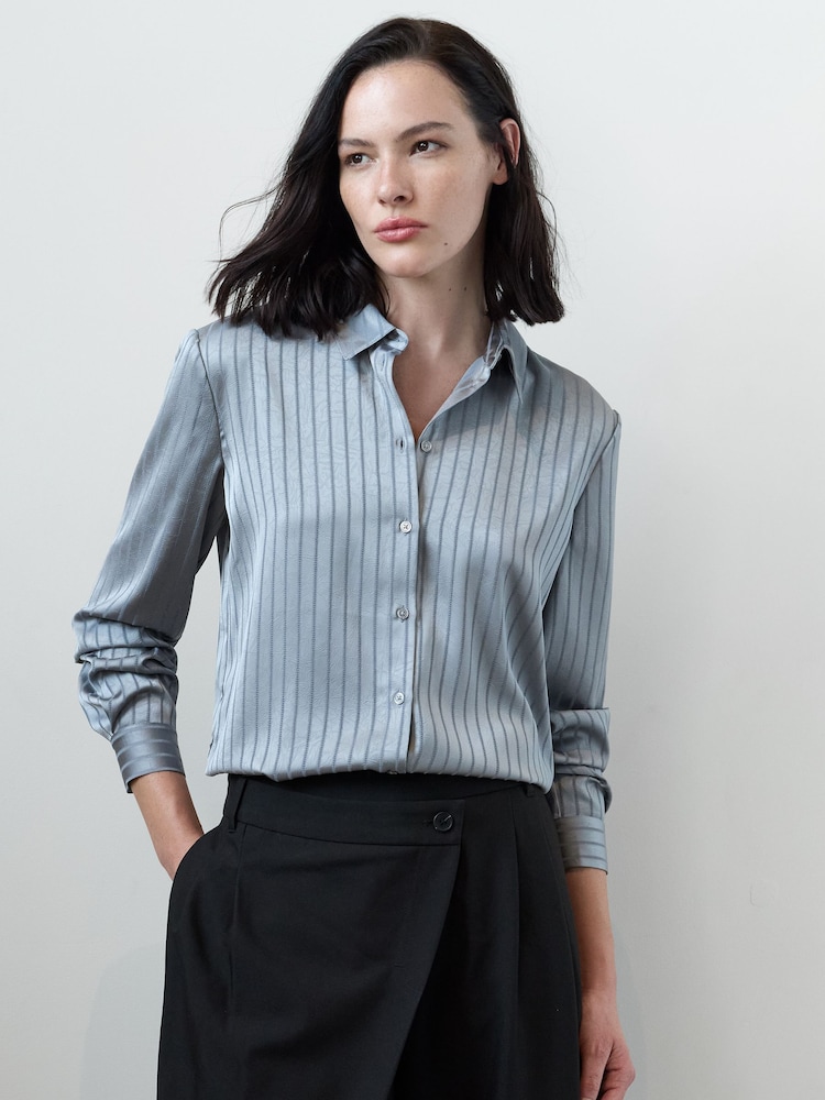 French Connection Light Blue Maggie Satin Stripe Shirt - Image 1 of 6 French Connection Light Blue Maggie Satin Stripe Shirt - Image 1 of 6