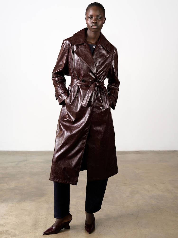French Connection Red Athene Criunkle Pu Trench Coat - Image 1 of 8 French Connection Red Athene Criunkle Pu Trench Coat - Image 1 of 8