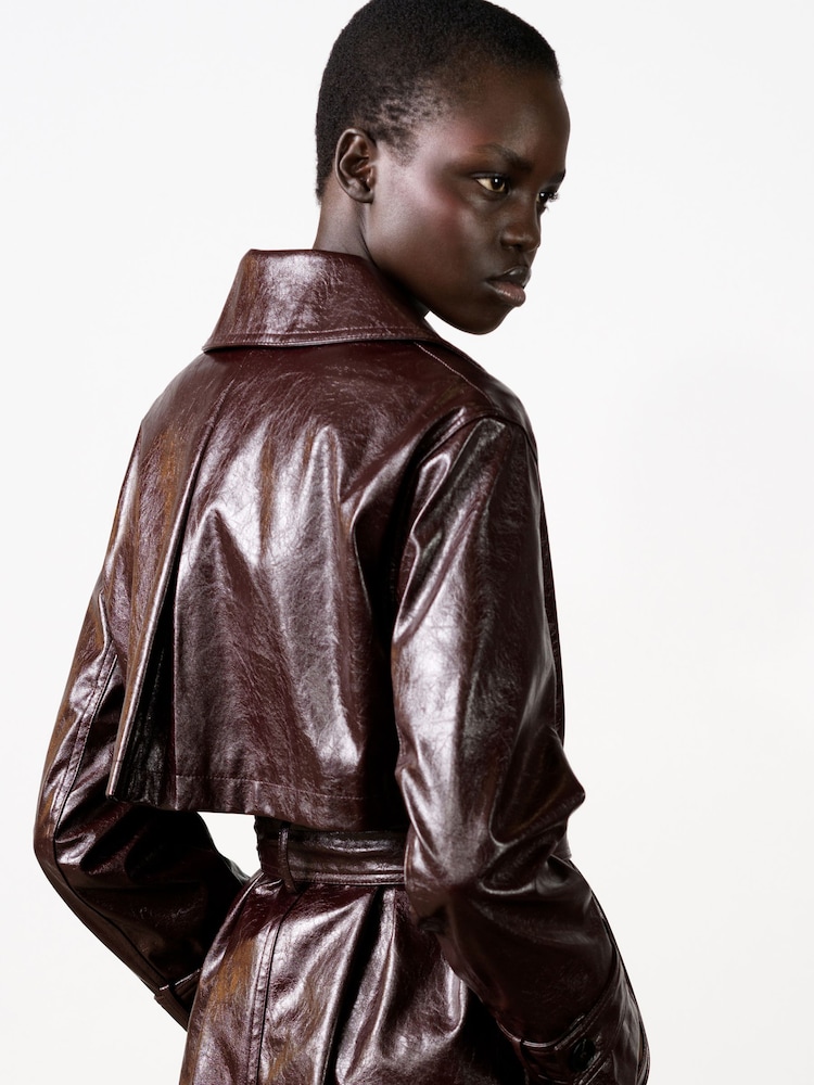 French Connection Red Athene Criunkle Pu Trench Coat - Image 2 of 8 French Connection Red Athene Criunkle Pu Trench Coat - Image 2 of 8