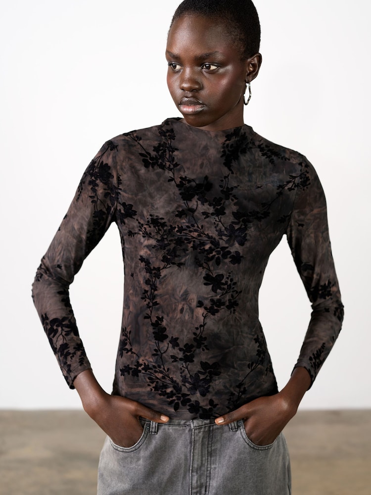 French Connection Black Kenny Mesh Velvet Burnout Top - Image 1 of 8 French Connection Black Kenny Mesh Velvet Burnout Top - Image 1 of 8