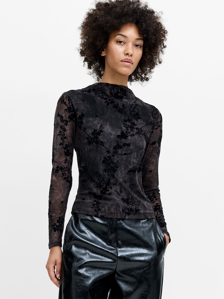 French Connection Black Kenny Mesh Velvet Burnout Top - Image 2 of 8 French Connection Black Kenny Mesh Velvet Burnout Top - Image 2 of 8