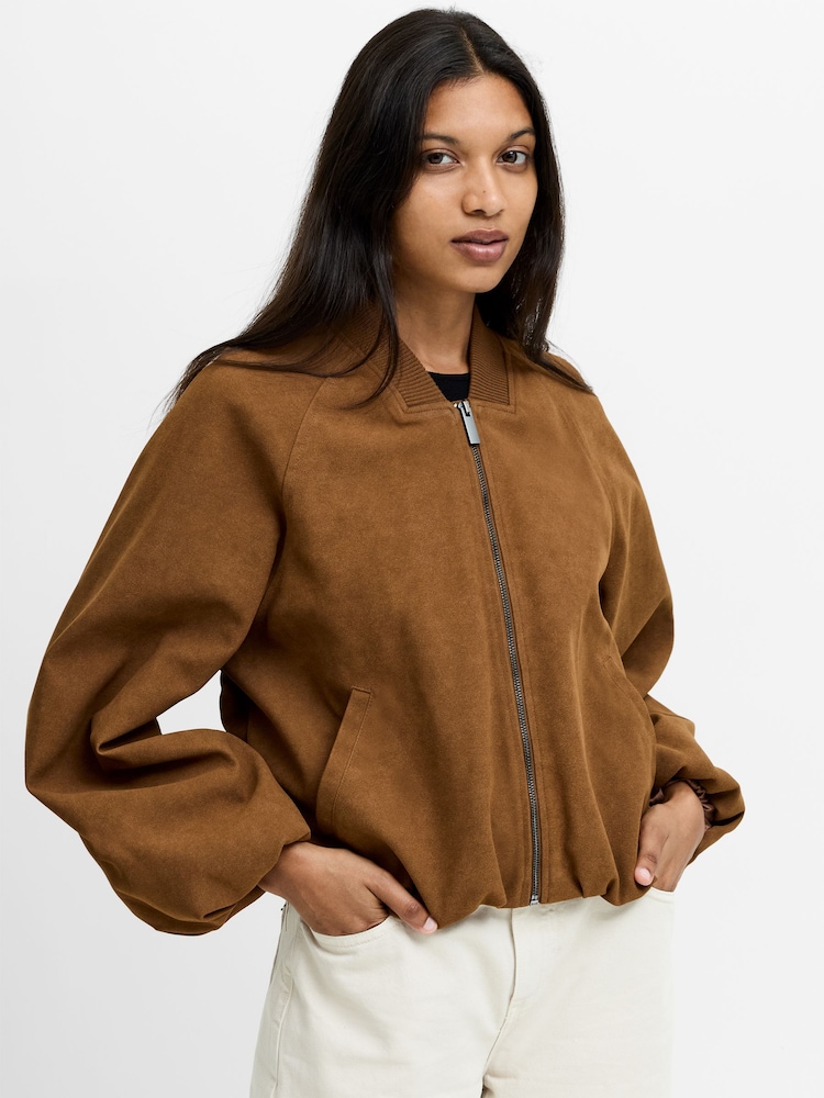 French Connection Brown Orelia Suedette Blouson Jacket - Image 1 of 7 French Connection Brown Orelia Suedette Blouson Jacket - Image 1 of 7