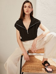 Black Premium Slinky Quarter Zip Neck Collared Short Sleeve Top - Image 2 of 6