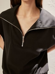 Black Premium Slinky Quarter Zip Neck Collared Short Sleeve Top - Image 4 of 6